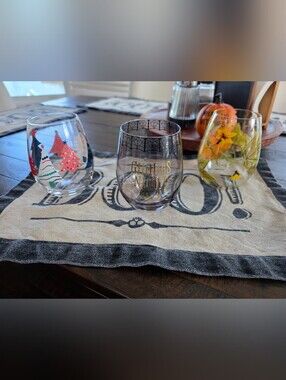 Pier 1 Set Of 3 Stemless Wine Glasses Halloween Fall Autumn Christmas